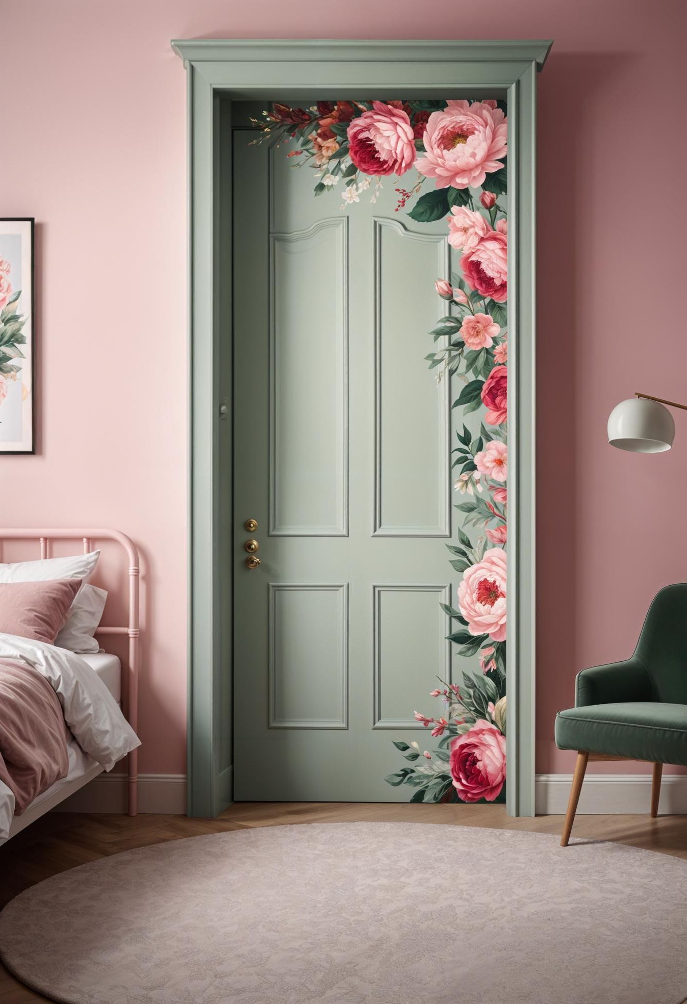 31 Chic Sage Green and Pink Bedroom Inspirations 37 25. Floral Sage Pink Bedroom Door-0