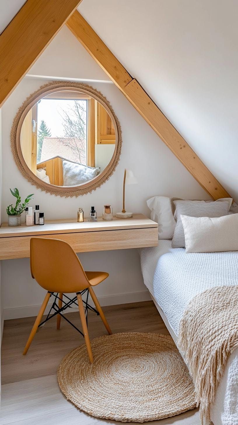 15 Genius Small Attic Bedroom Ideas To Maximize Space 12 4. Floating Beauty Table with Mirror: A compact vanity that saves floor space while adding elegance-0