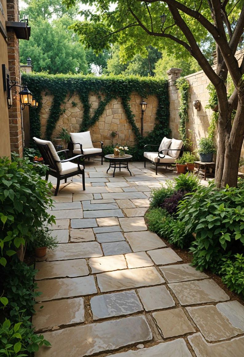21 Small Flagstone Patio Ideas You’ll Love 14 4. Secret oasis with elegant decor-2