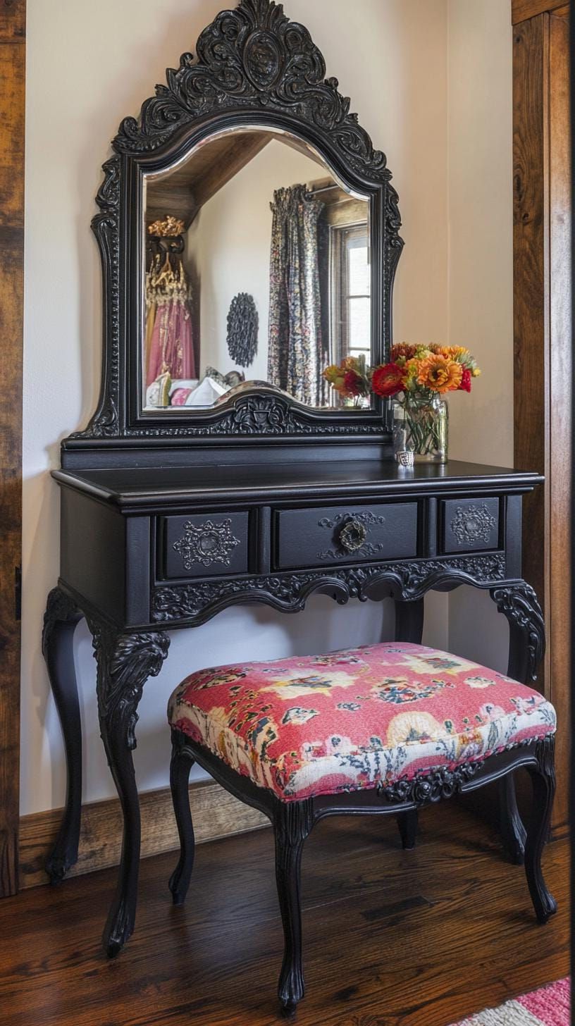 15. A baroque-style vanity repainted in black, juxtaposed with colorful boho woven seat cushions-2