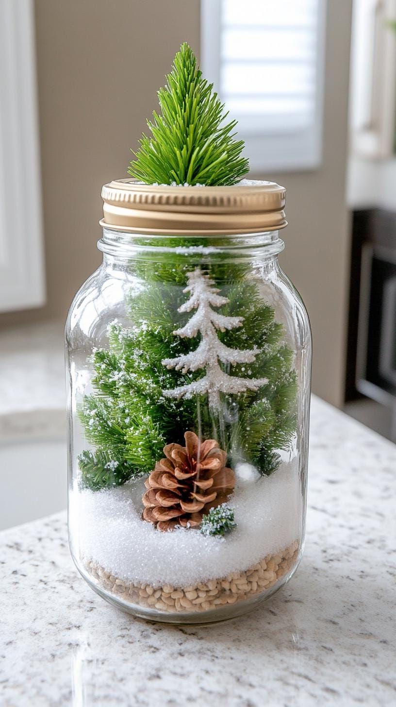 19 Simple Christmas Decor Ideas for Small Bathrooms 22 12. Mason jar with mini tree and faux snow inside-1