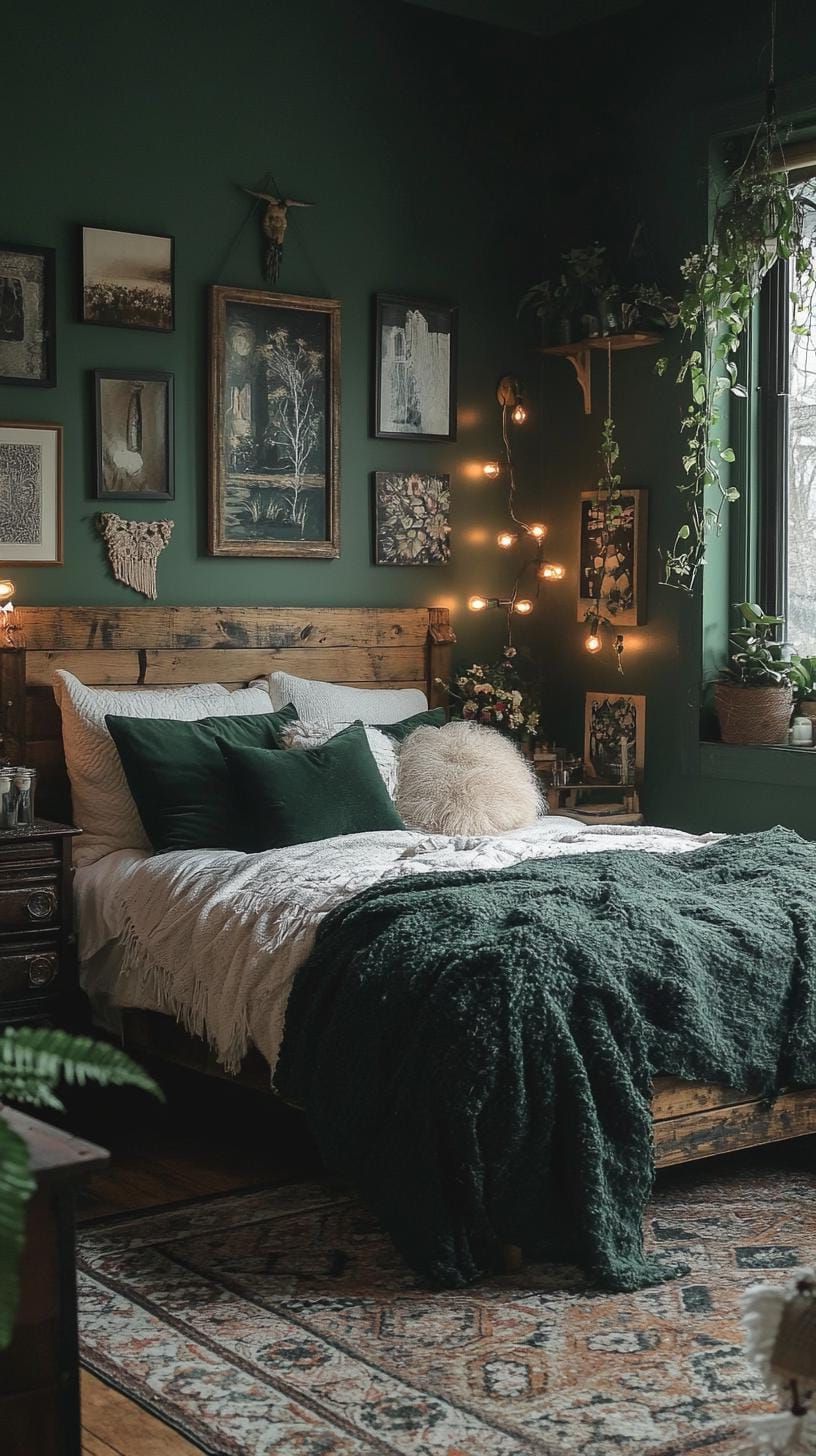 1. Dark green walls with layered boho textiles and dim lighting-2