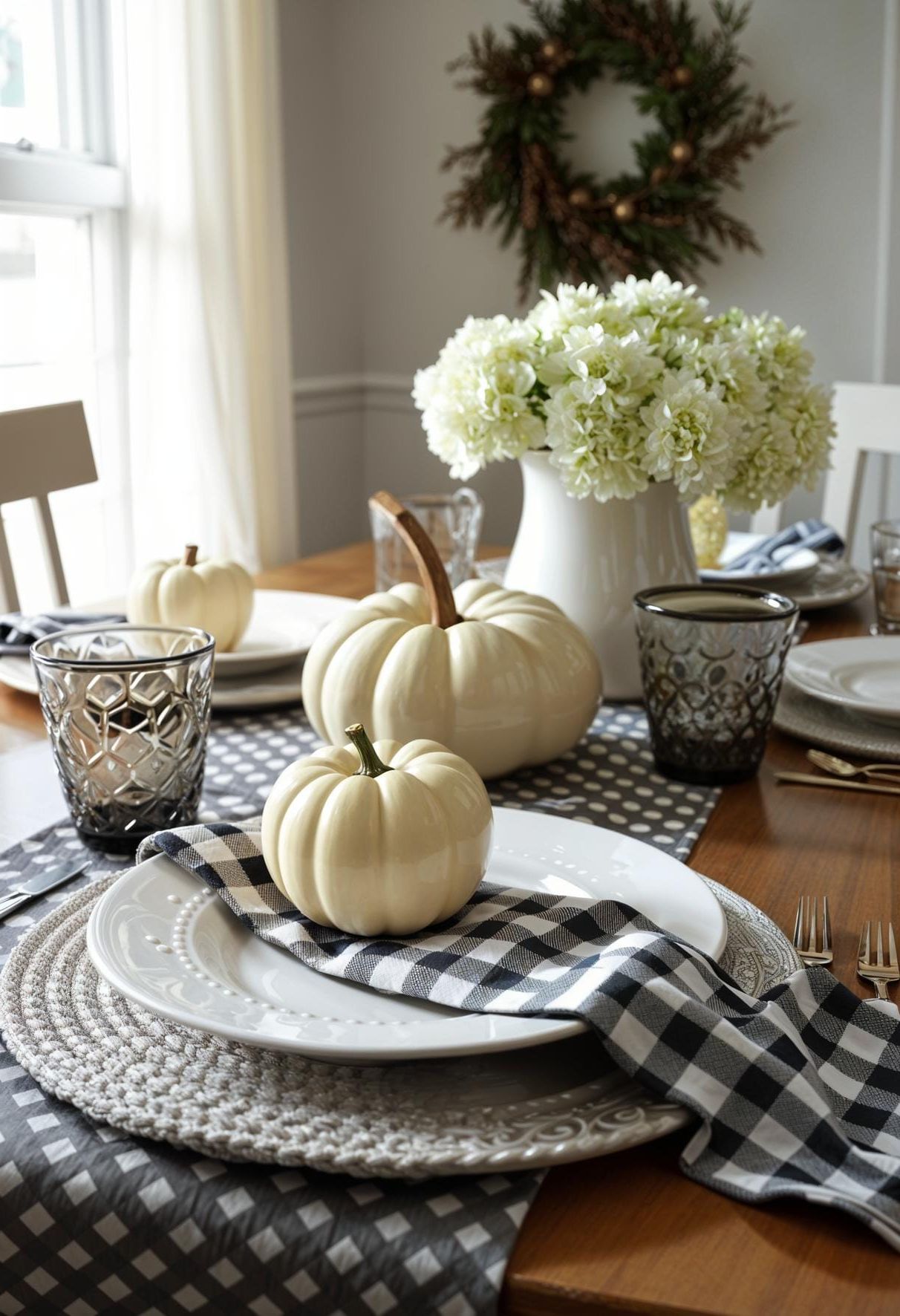 6. Modern farmhouse setting with buffalo check and cream pumpkins-0