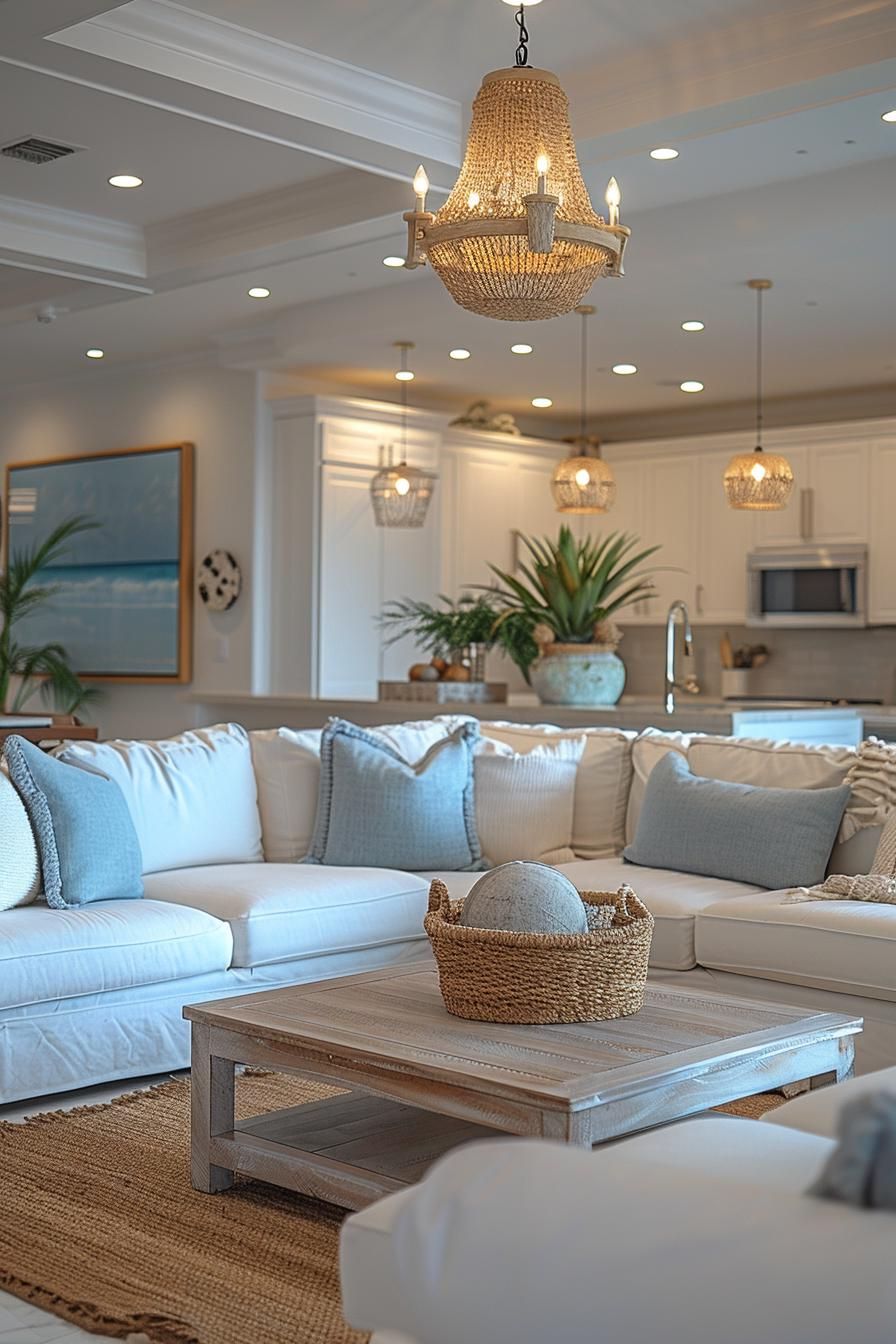 15 Aesthetic Modern Coastal Living Room Ideas 21 8. Seaside-Inspired Chandelier Arrangement-0