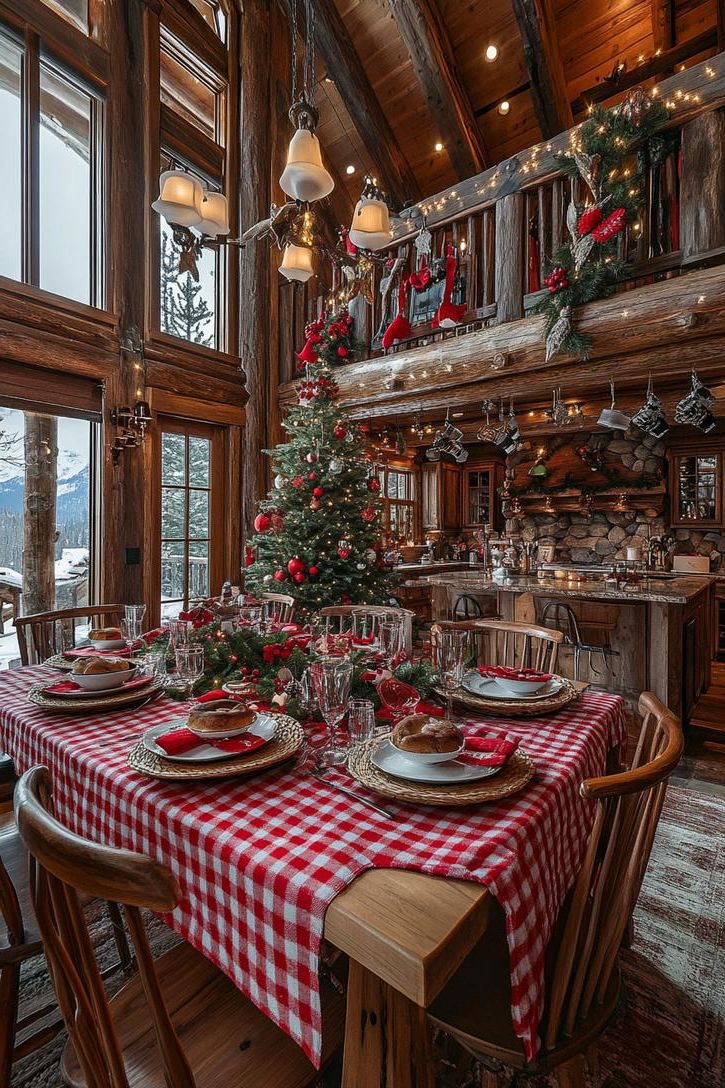 21 Cozy Mountain Lodge Christmas Decor Ideas 37 15. Gingham Table Runners for Christmas-0