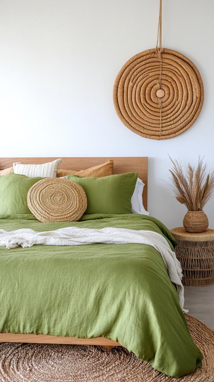 7. Soft Minimalism: Focus on clean lines with sage green bedding and minimalistic wooden furnishings-1