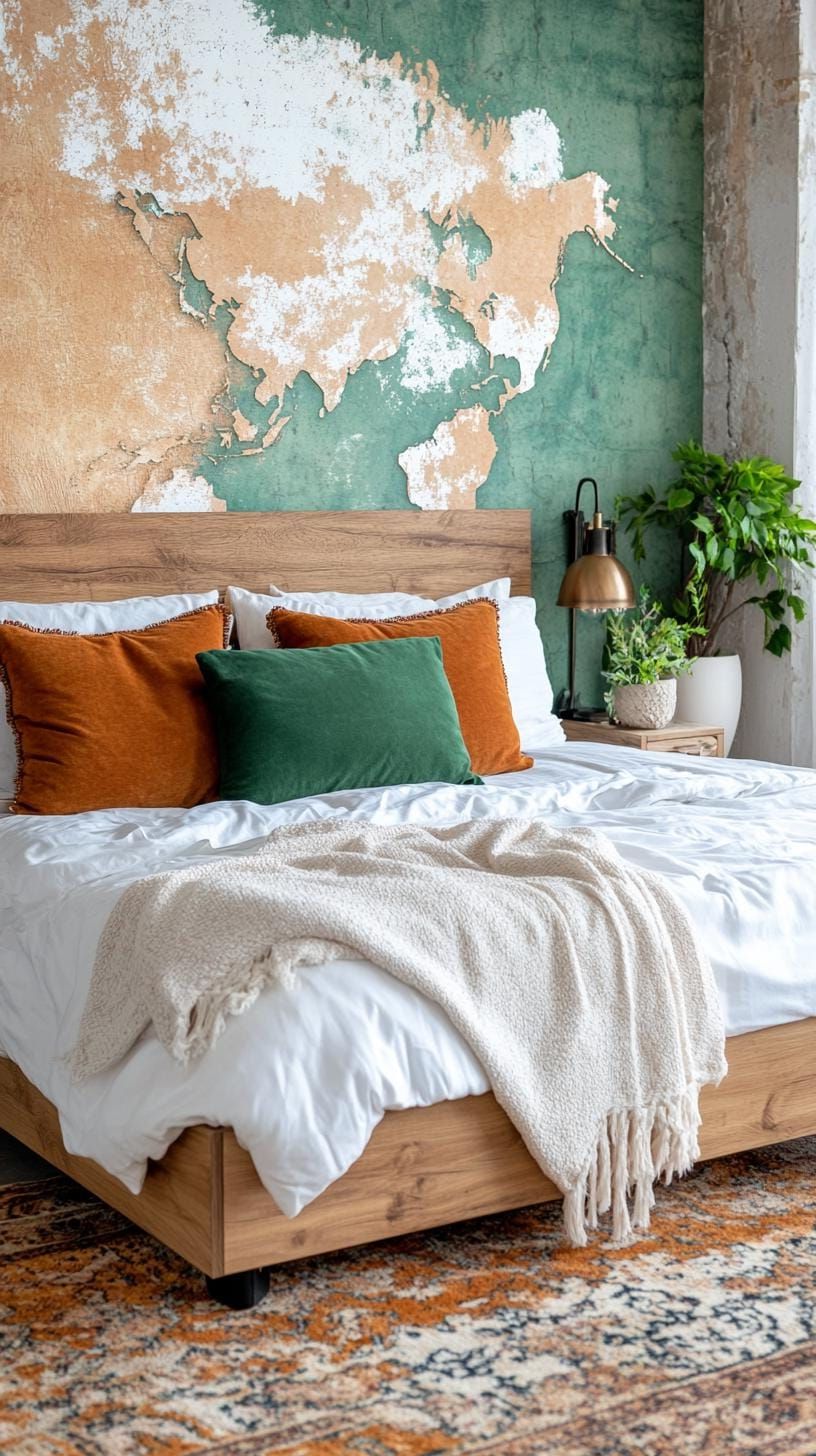 17. Global Trek: Use bohemian world map wallpaper with sage hues to inspire wanderlust-2