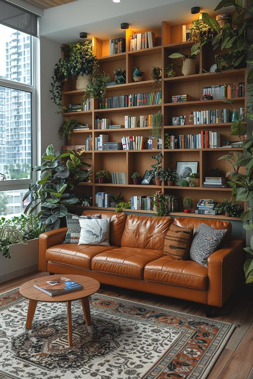 21 Cozy Mid-Century Modern Living Room Ideas 10 3. Modular Shelving with Low-Backed Couch-1