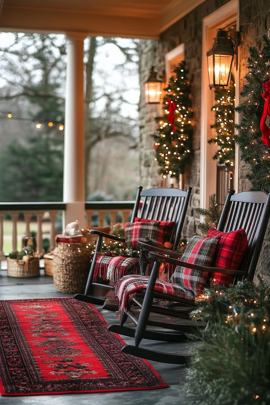 16 Unique Front Porch Christmas Decor Ideas for Holiday Season 19 6. Cozy Plaid Rocking Chair Ensemble-1