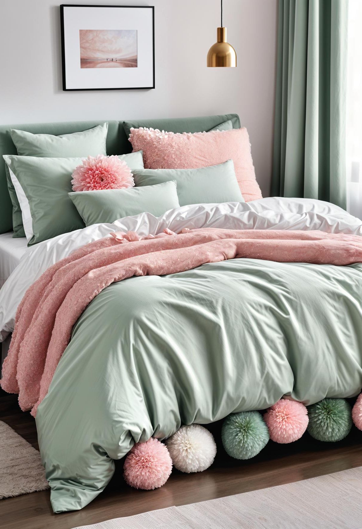 31 Chic Sage Green and Pink Bedroom Inspirations 48 31. Pom Pom Sage Pink Bedding-0