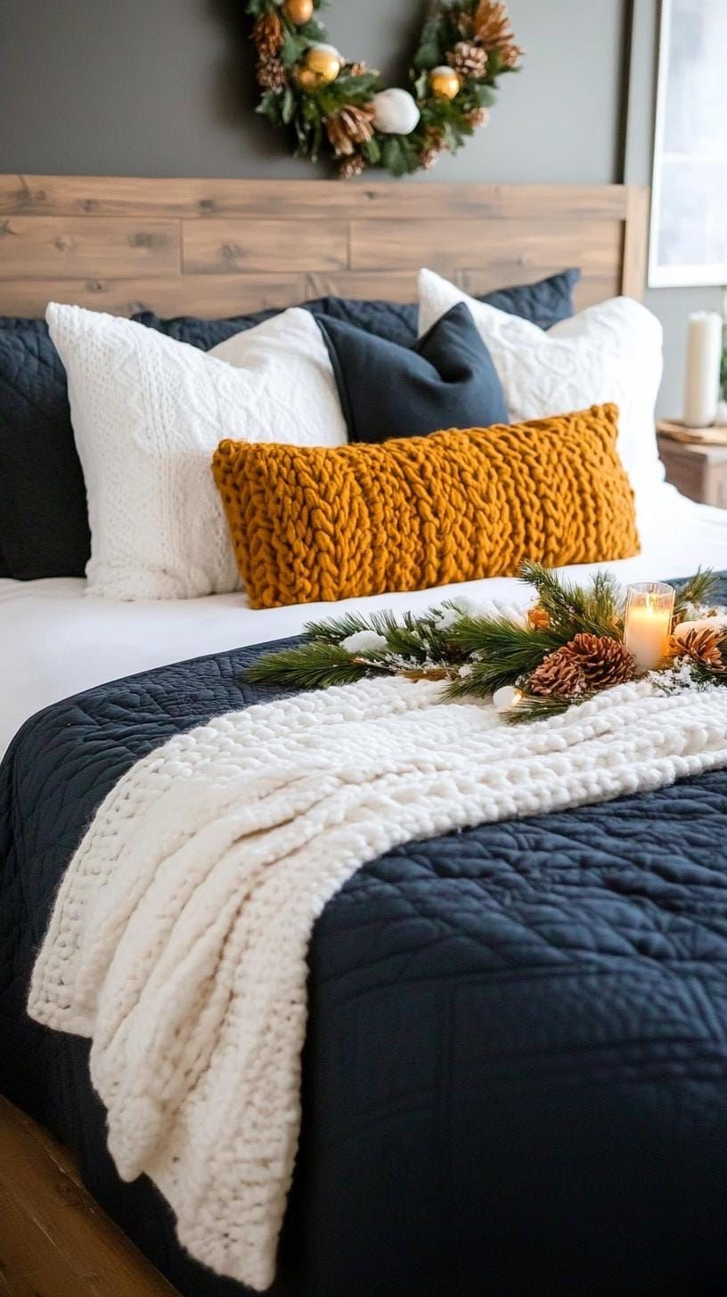 19. Soft, snowy blanket draped over dark bed for winter charm-1