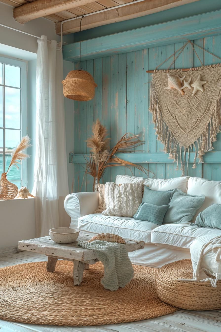 15 Stunning Boho Coastal Living Room Ideas for a Beachy Home 7 2. Seashell Macramé Wall Decor Ideas-1