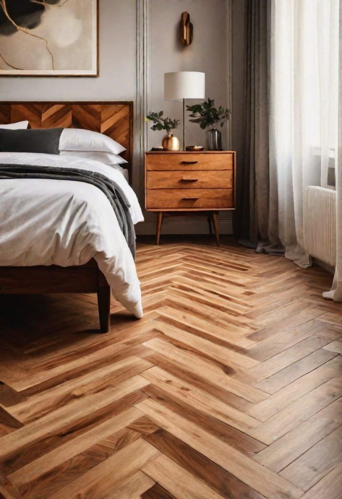 41 Mid Century Modern Bedrooms: Retro Chic for Timeless Elegance 14 mid century modern bedroom with herringbone wood flooring