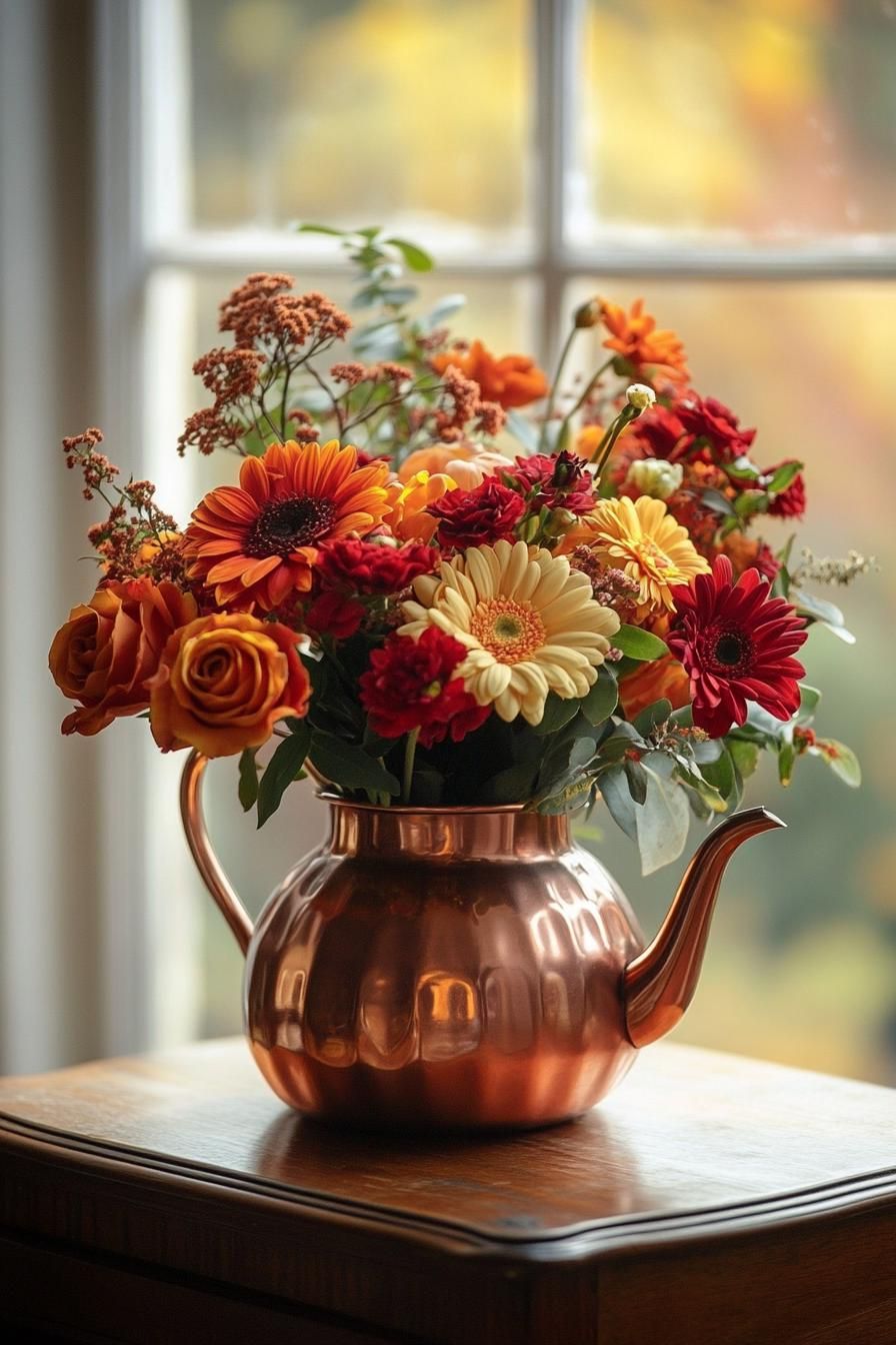 15 Cozy Fall Decor Ideas for Your Home 33 12. Copper Kettle Floral Repurpose-1