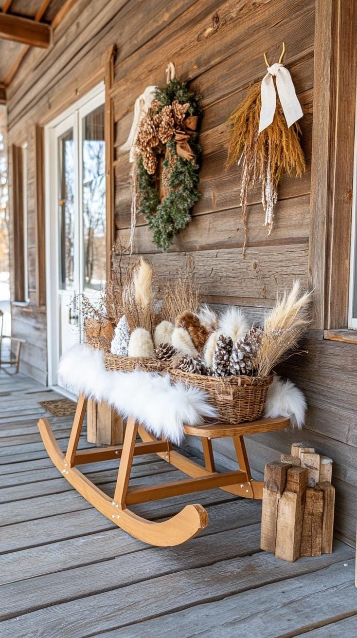 15 Gorgeous Winter Porch Decor Ideas to Spark Your Creativity 9 3. Vintage Sled Display with Faux Fur Accents-0