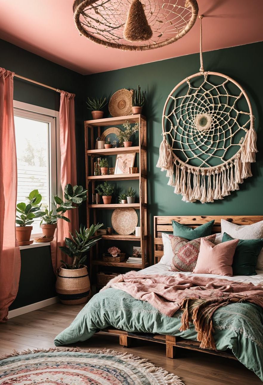 31 Chic Sage Green and Pink Bedroom Inspirations 5 1. Dreamy Boho Bedroom Decor-2