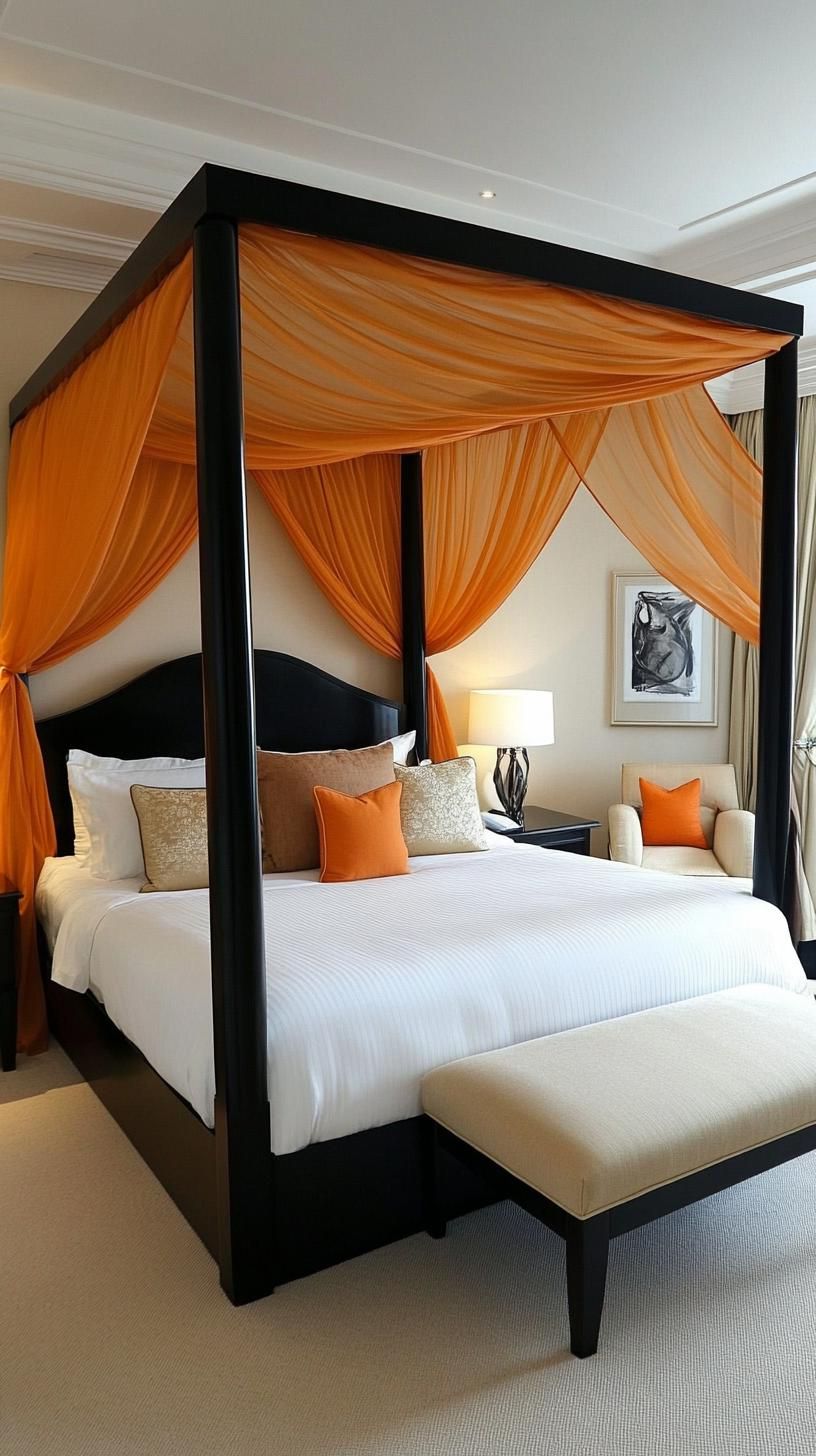 21 New Bedroom Ideas for Your 2025 Refresh 30 10. Black canopy bed draped in sheer fabric for drama-0