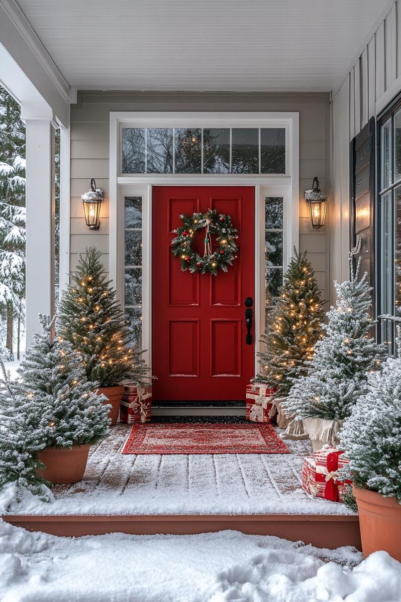 16 Unique Front Porch Christmas Decor Ideas for Holiday Season 11 4. Festive Entryway Tree Groupings-1