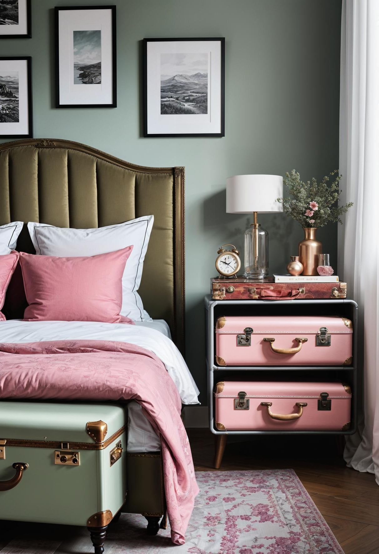 31 Chic Sage Green and Pink Bedroom Inspirations 45 29. Vintage Suitcase Nightstands Makeover-0