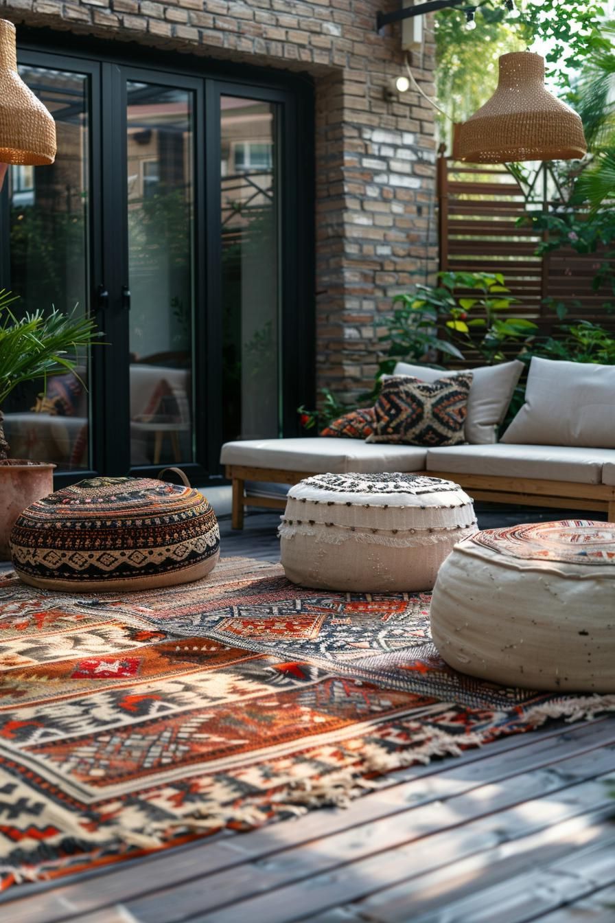 15 Chic Boho Patio Ideas You’ll Love 36 15. Chic Outdoor Cushions and Poufs-0