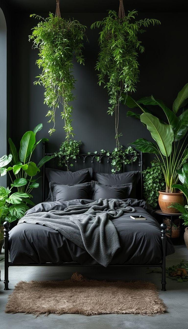20 Elegant Green and Black Bedroom Ideas You Must See 3 1. Urban Jungle Retreat: Combine lush green plants with black metal bed frames for an industrial-chic vibe-0
