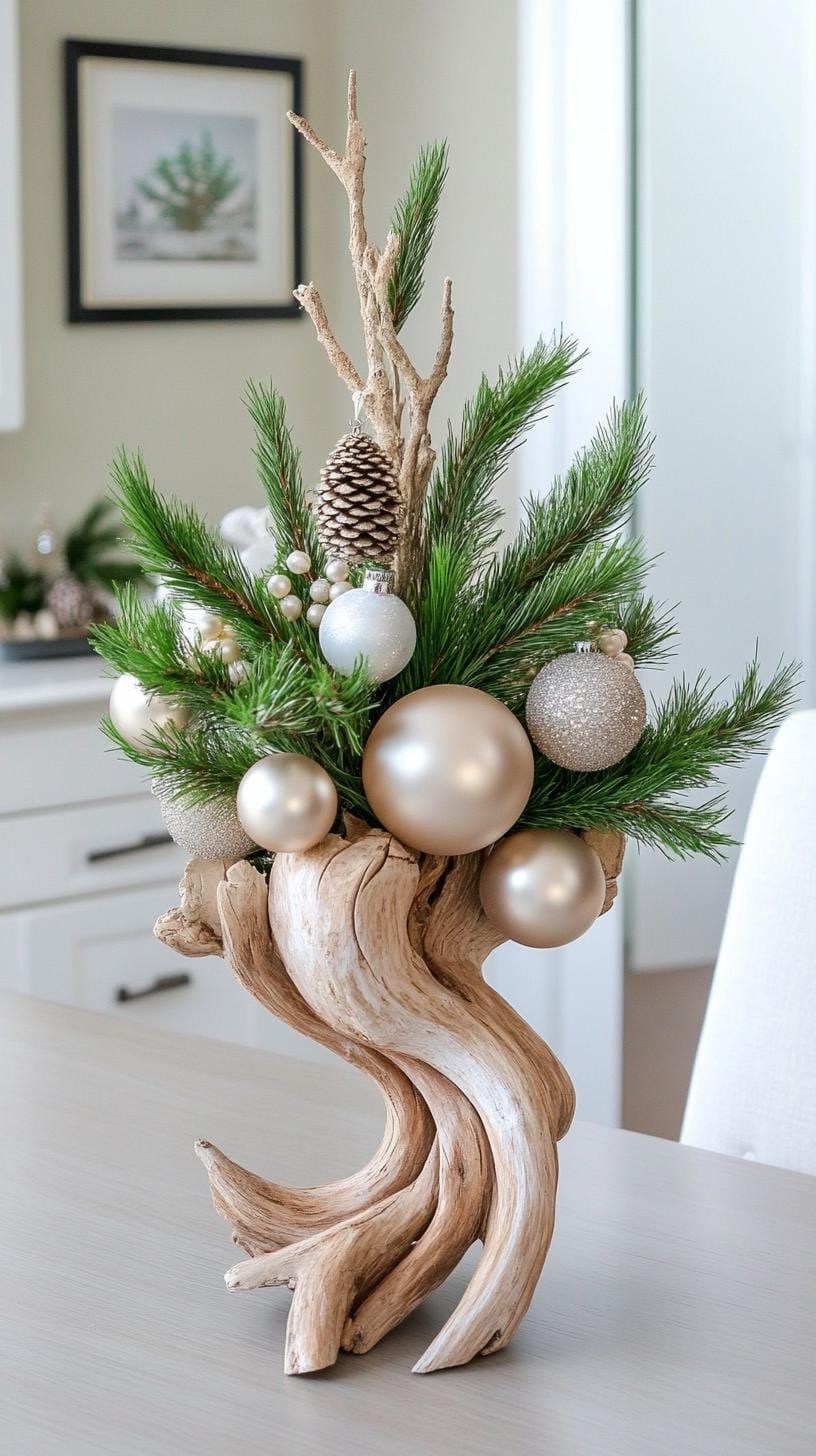 15 Stunning Winter Centerpieces to Transform Your Table 39 13. Silvery Driftwood Display: Use a long piece of driftwood, with a silvery finish, adorned with tiny pine branches and pearl-like ornaments-1
