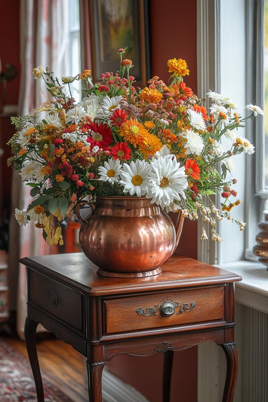 15 Cozy Fall Decor Ideas for Your Home 34 12. Copper Kettle Floral Repurpose-2