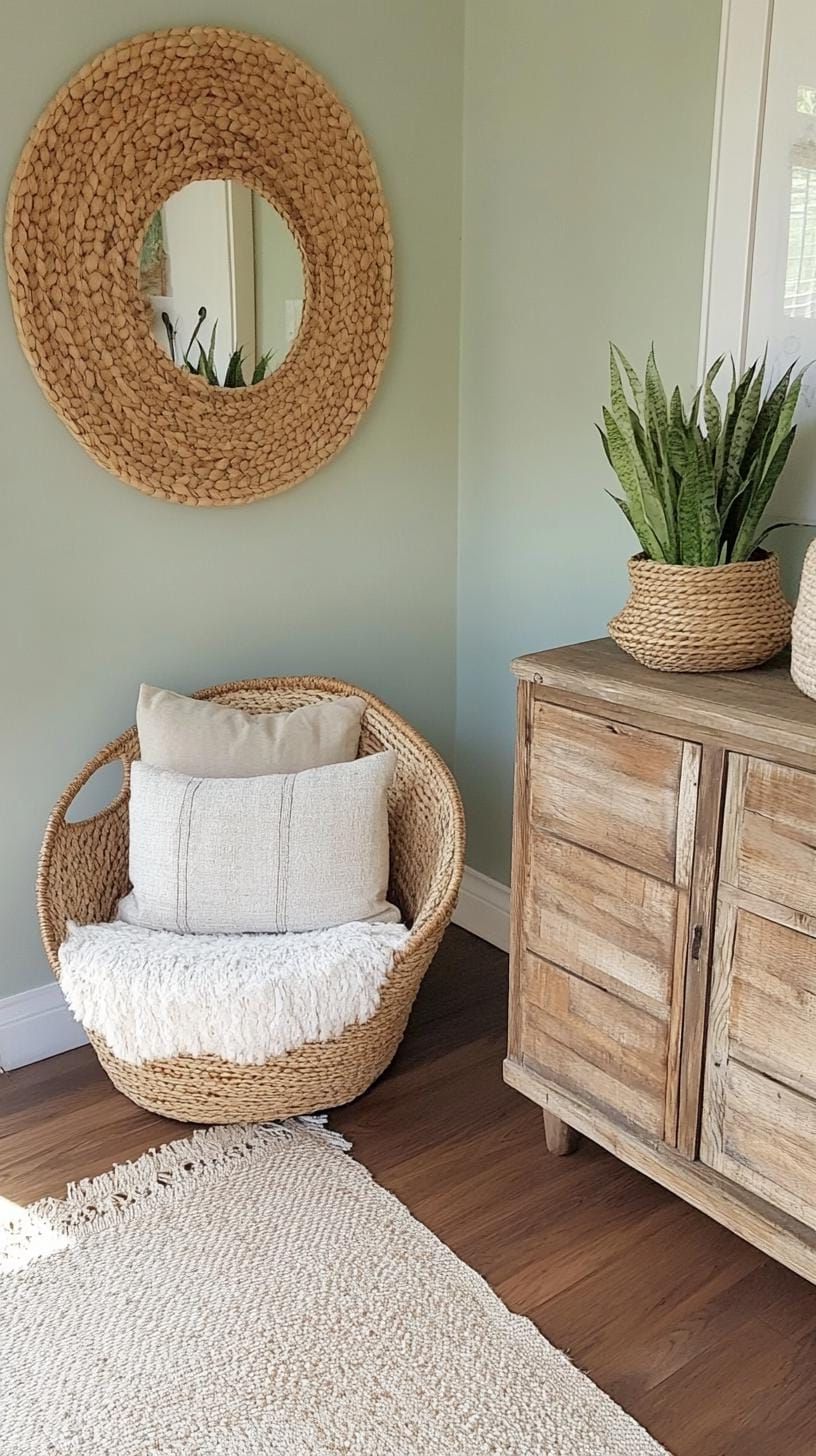 23 Unique Boho Farmhouse Living Room Ideas To Copy 27 8. Reclaimed Retreat: Use second-hand furniture with distressed finishes, setting the stage with pastel walls and natural fiber baskets for storage-2