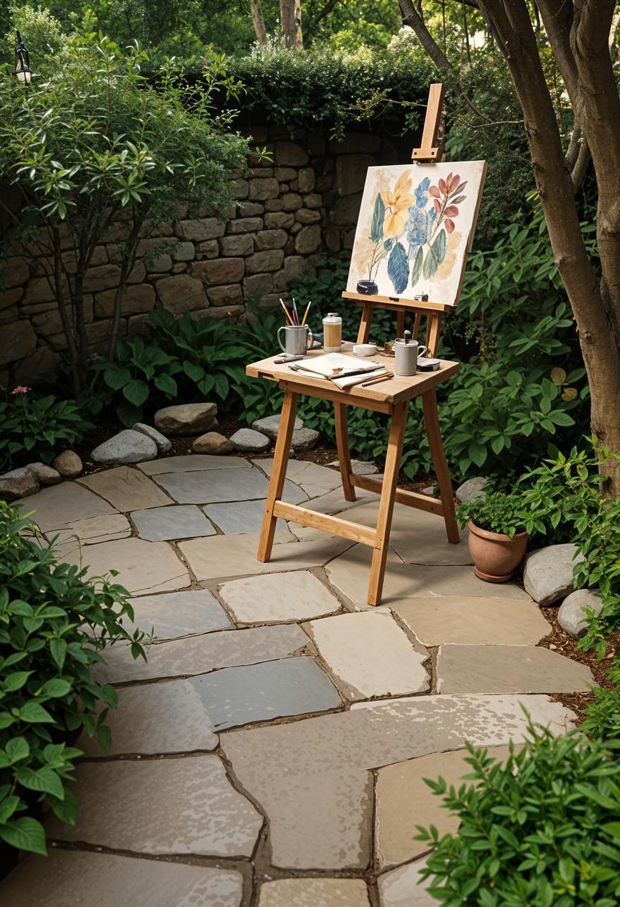 21 Small Flagstone Patio Ideas You’ll Love 36 12. Creative Artistic Patio Retreat-1