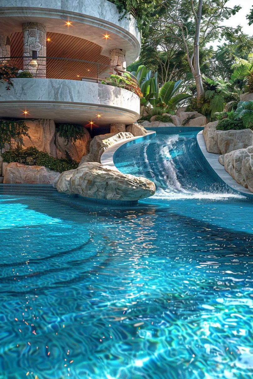 15 Modern Pool Designs Transforming Your Backyard 15 5. Bi-level Pool with Waterslide Concept-1
