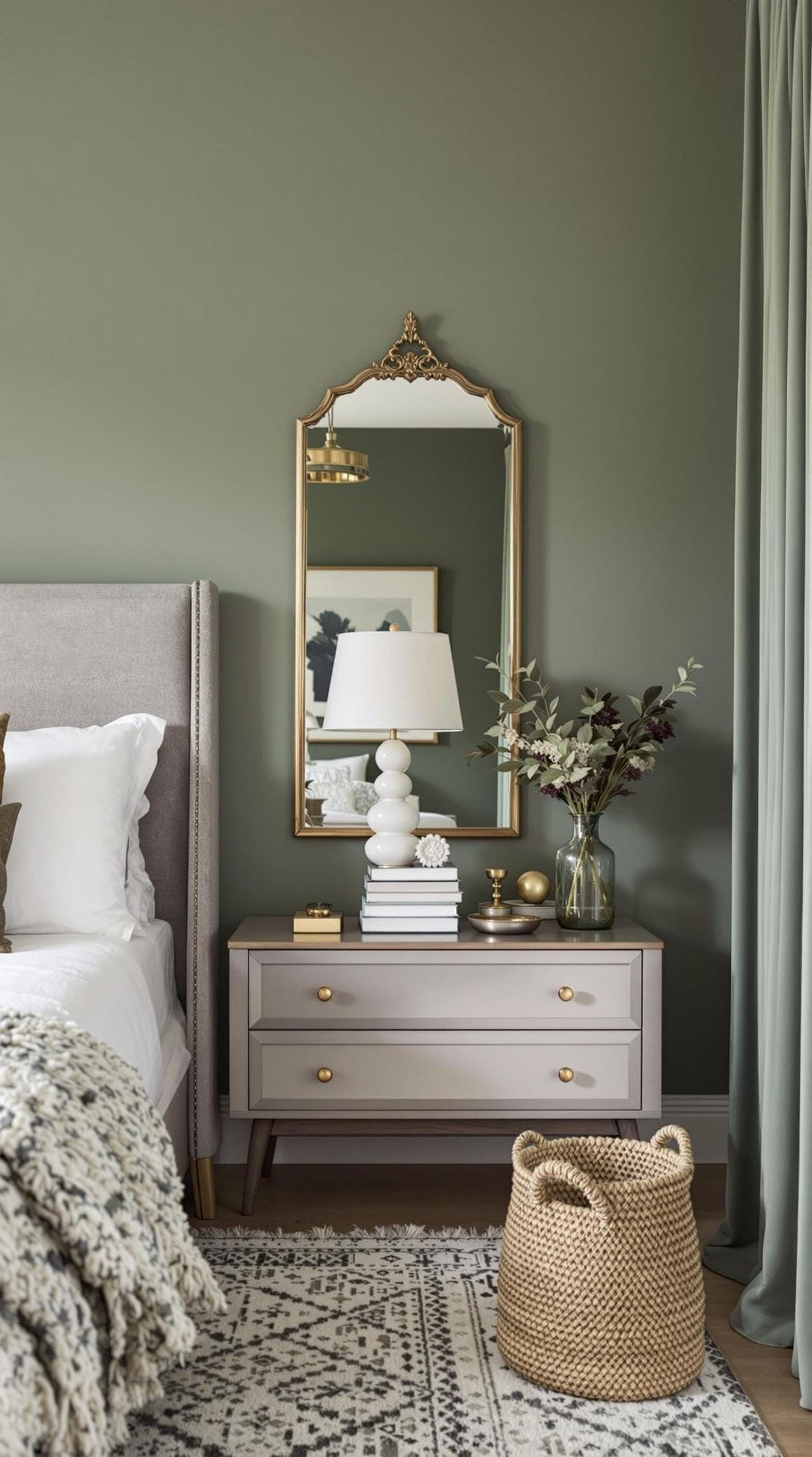14. Mixed Materials: Use a blend of metals, like a gold-framed mirror, with sage-toned elements for contrast and interest-2