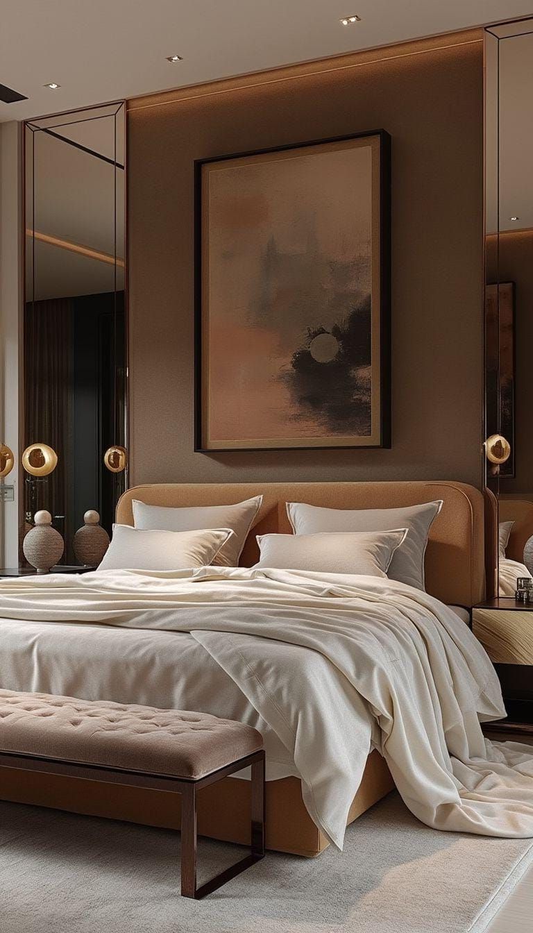 21 Modern Bedroom Ideas For Your 2025 Makeover 18 5. Luxe modern featuring plush fabrics, bold art pieces, and mirrored surfaces-0