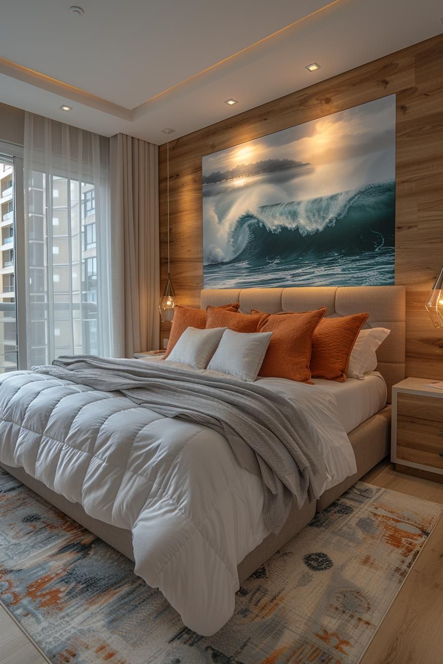 21 Modern Coastal Bedroom Ideas For a Relaxing Retreat 35 13. Sleek Ocean Wave Art Pieces-2