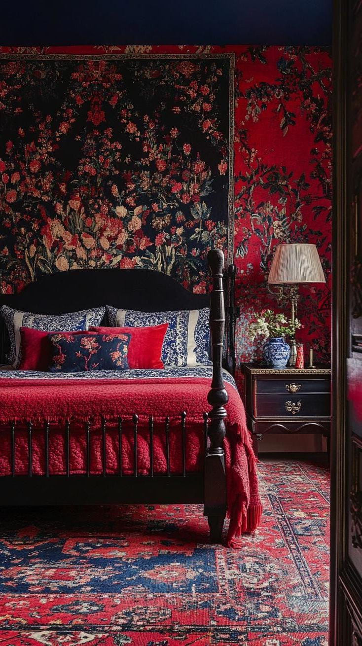 16. Magical Tapestry Territory: Hang colorful, intricate tapestries in rich reds and navy blues around the room-1