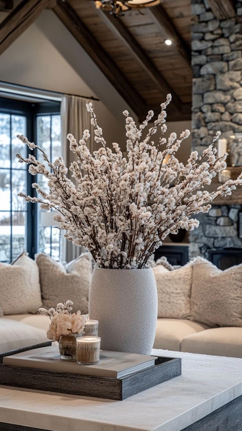 20. Faux snow-dusted branches in neutral vases for a winter touch-2