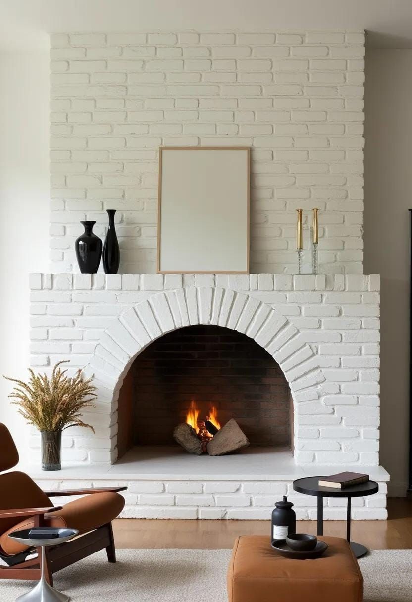 9. Arched white brick fireplace with minimalist mid-century furniture-0