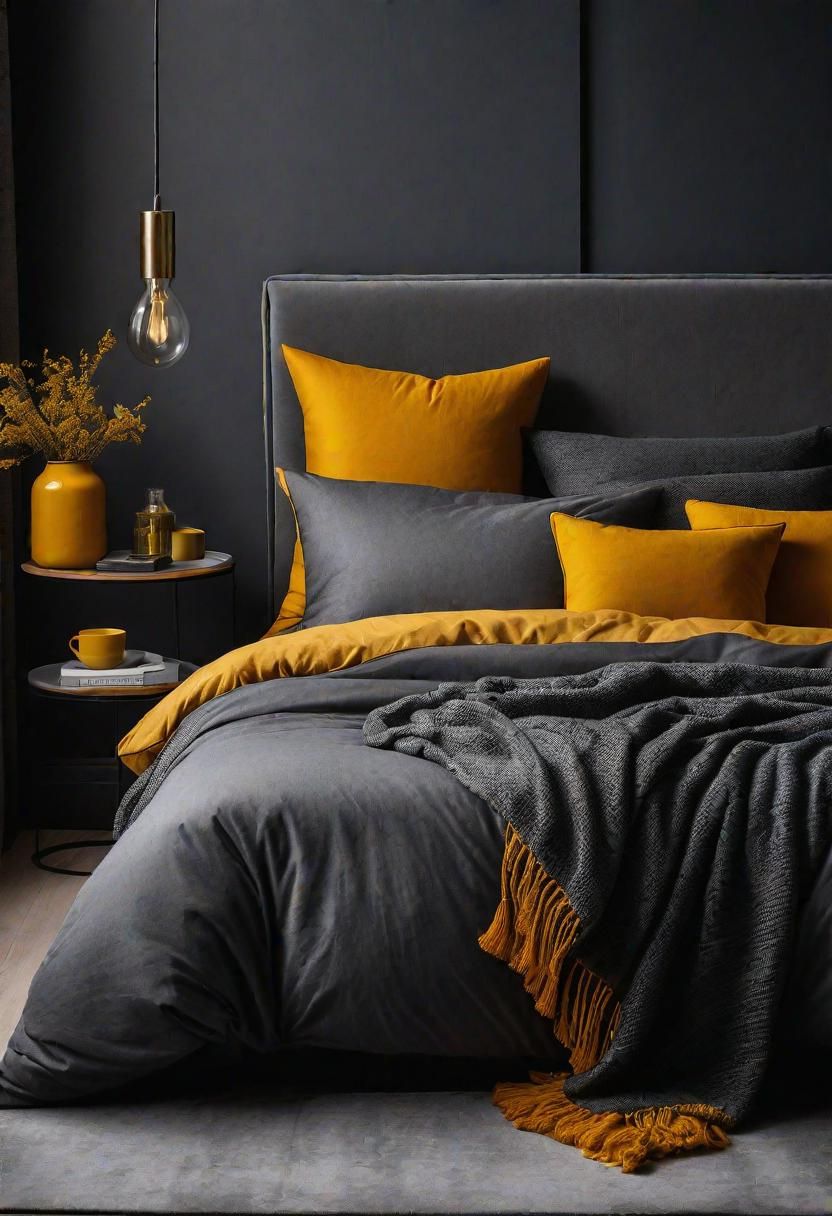 47 Stunning Grey Bedroom Ideas For An Elegant Bedroom Design 5 3. Charcoal & Mustard Bedroom Inspo-0