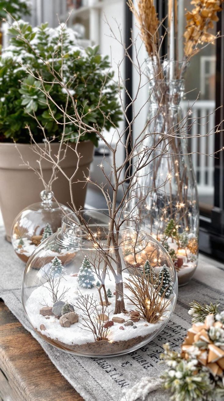 15 Gorgeous Winter Porch Decor Ideas to Spark Your Creativity 39 13. Mini Landscape Terrariums with Bare Tree Branches-2
