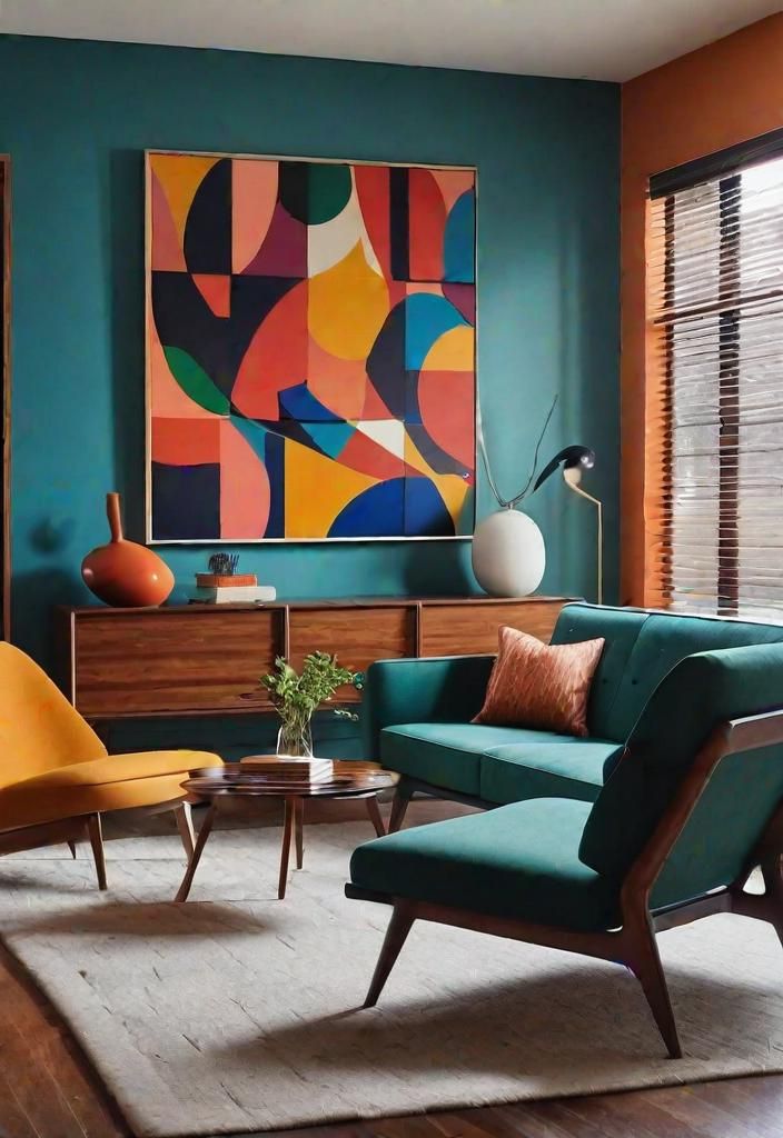 27 Beautiful Mid Century Modern Living Rooms 12 9. Vibrant Abstract Artworks: Blog-1
