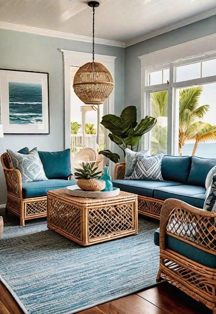 43 Inspiring Coastal Living Room Ideas 25 23. Tropical Rattan Accent Furniture-0