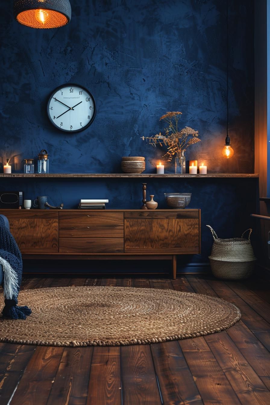 15 Best Moody Mid Century Modern Living Room Ideas 15 4. Sleek Midnight Blue Living Room-1