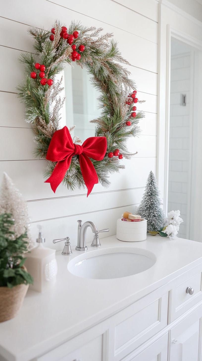 19 Simple Christmas Decor Ideas for Small Bathrooms 4 2. Rustic wreath on bathroom mirror with red bow-0