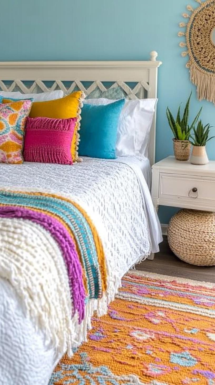 21 Best Blue Boho Bedroom Ideas To Inspire You 49 15. Pastel Reverie: Blend pastel blues with lavender and earthy browns for an inviting, eclectic mix-1
