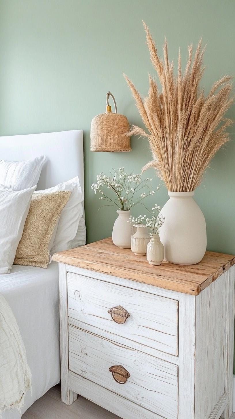 9. Rustic Luxe: Pair sage walls with rustic whitewashed wood furniture and golden accents for understated glamour-2