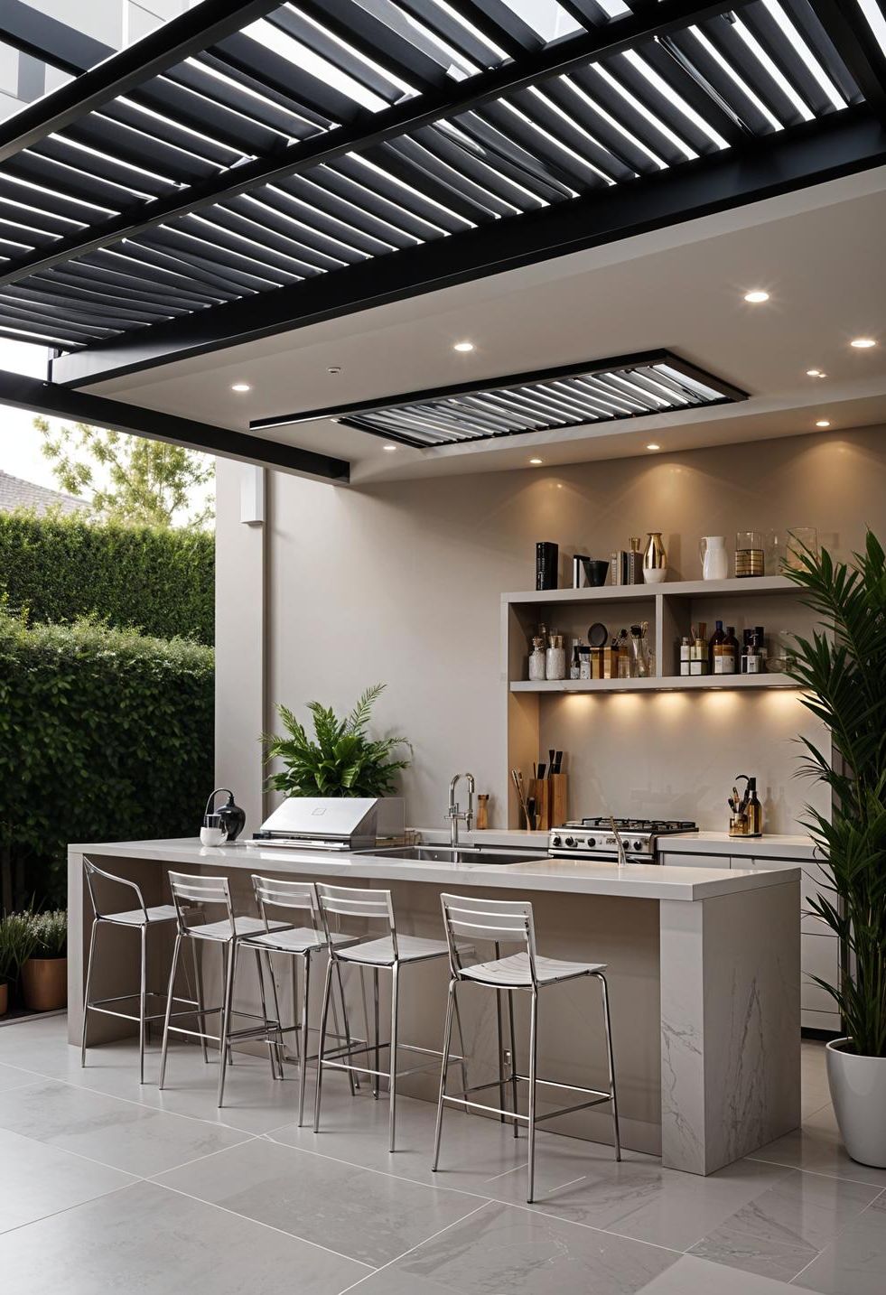 21 Stunning Outdoor Kitchen Patio Ideas (NEW) 7 2. Modern Patio Kitchen with Pergola-1