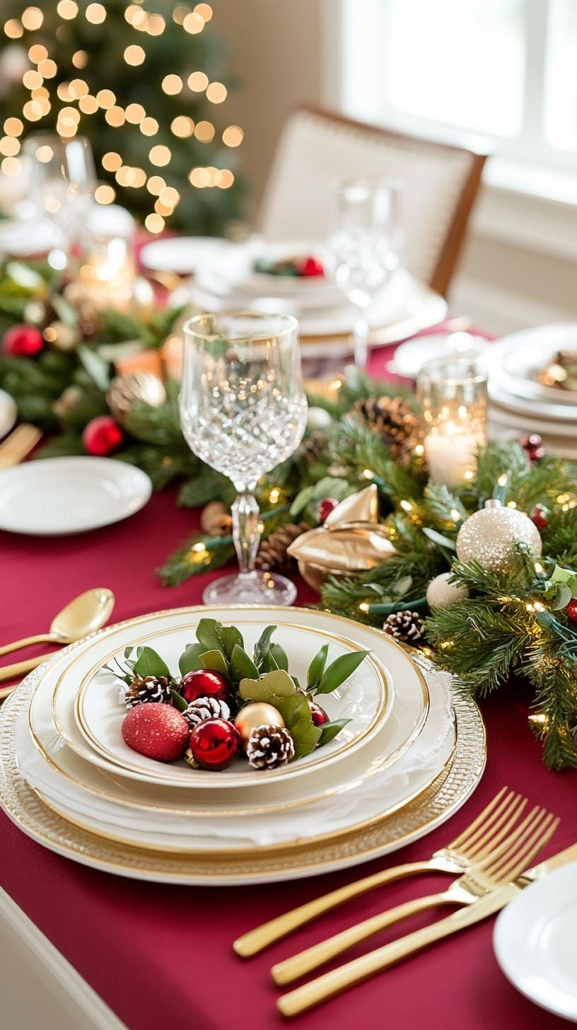 10. Elegant Christmas Dining Room with Gold-Trimmed China and Garlands-0