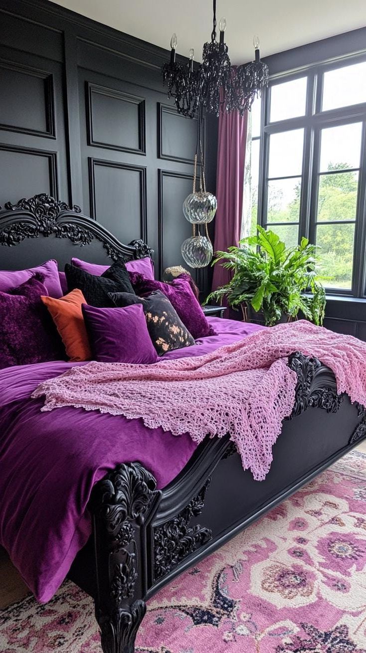 3. Distressed black bed frame layered with plush jewel-toned fabrics and pillows featuring intricate lace accents-2