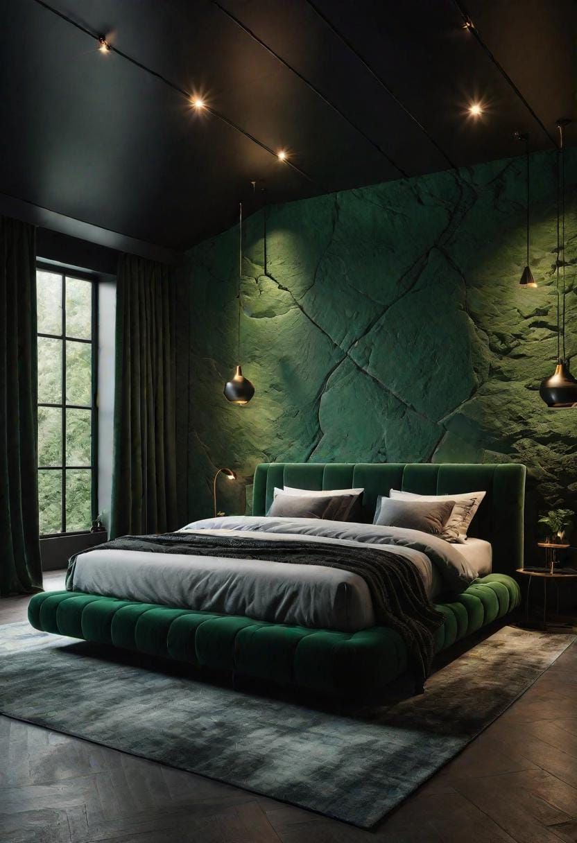 20 Elegant Green and Black Bedroom Ideas You Must See 60 19. Contemplative Caves: Conceive a cave-like ambiance with dark green stone walls and black ceiling fixtures-2