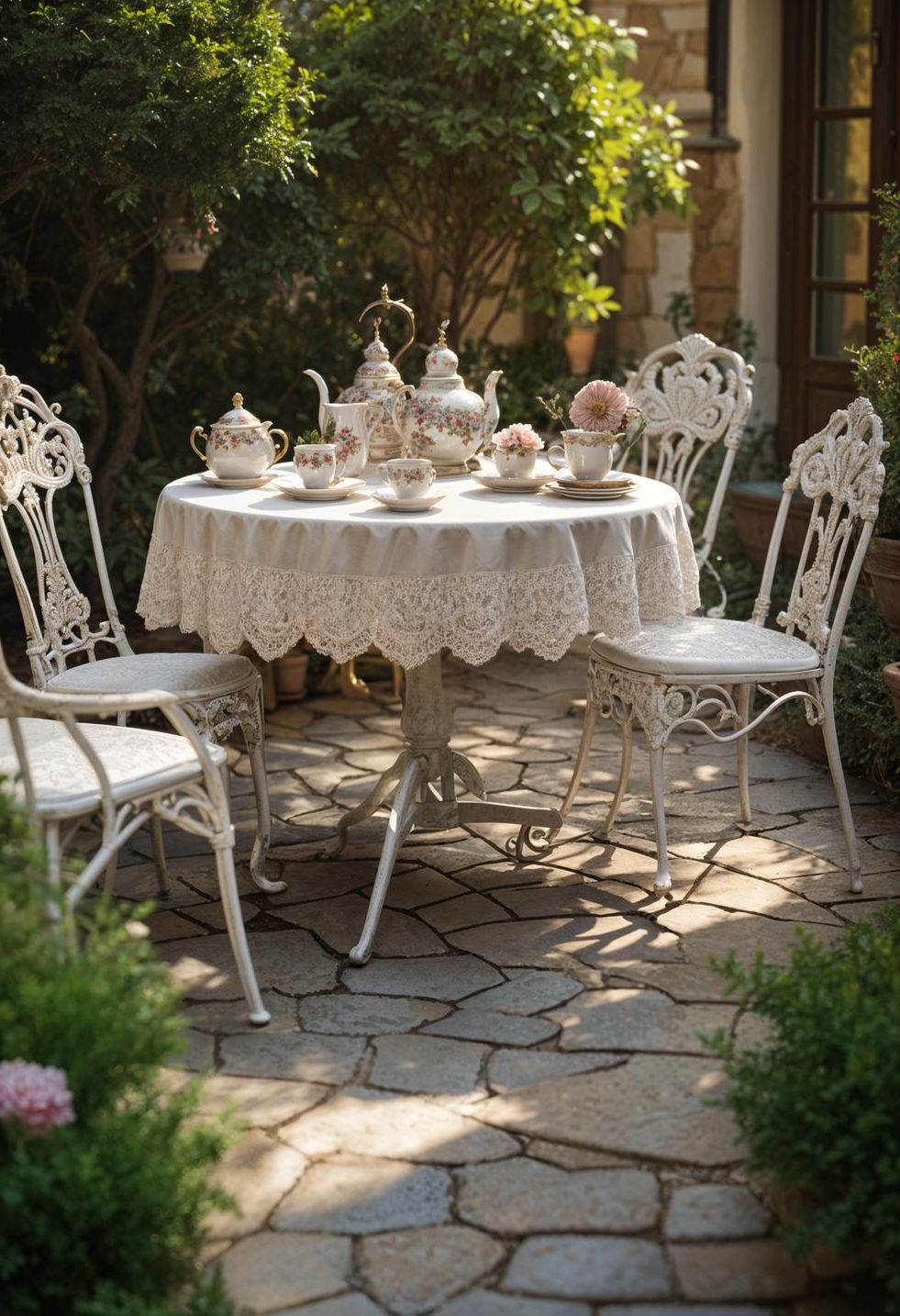 21 Small Flagstone Patio Ideas You’ll Love 39 14. Charming Vintage Tea Party Setup-0