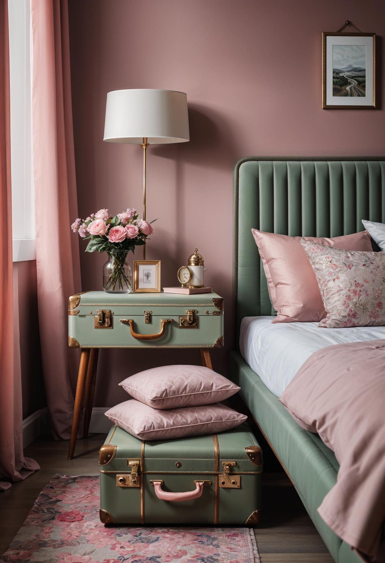 31 Chic Sage Green and Pink Bedroom Inspirations 46 29. Vintage Suitcase Nightstands Makeover-1